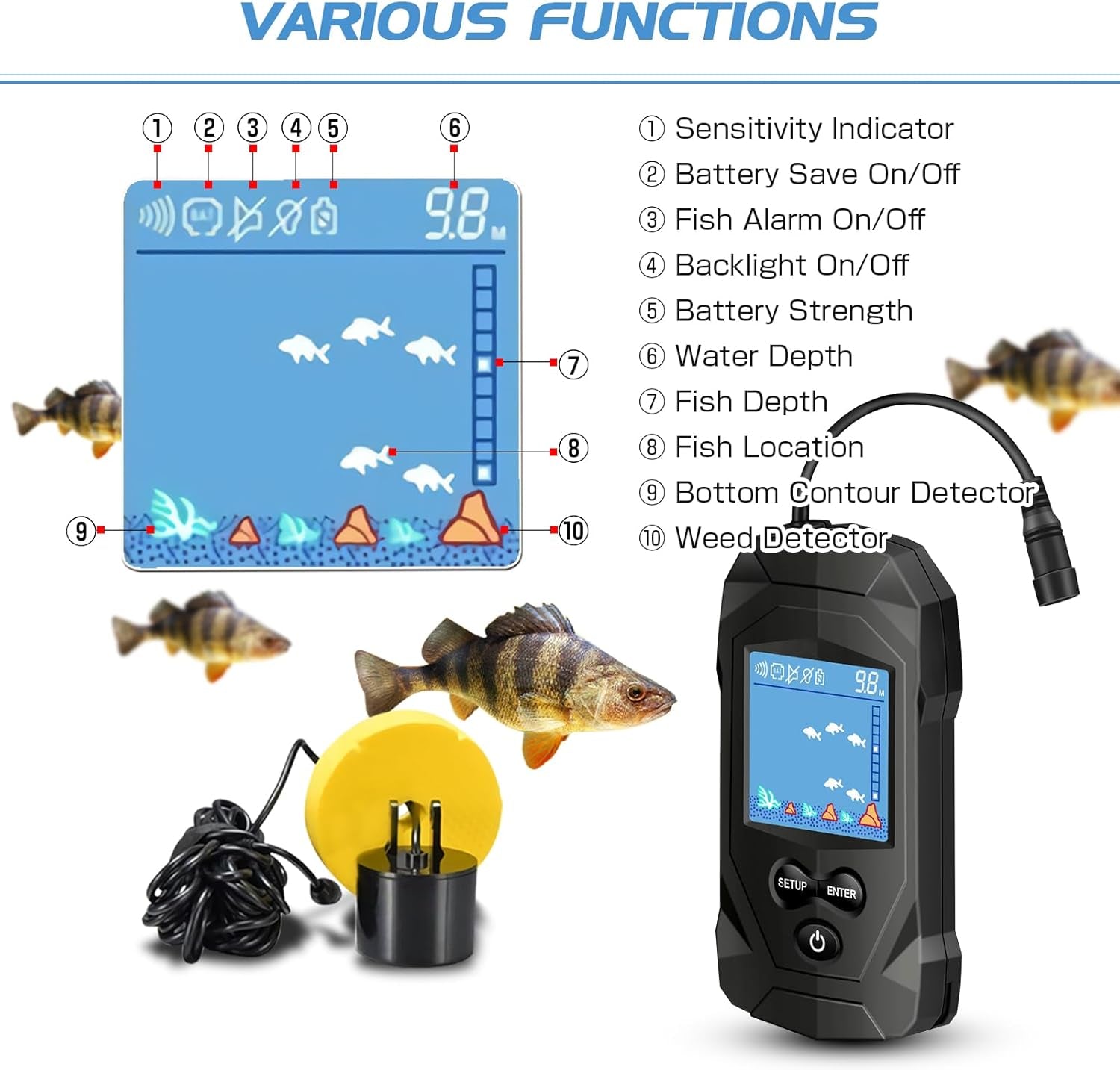 Portable Water Fish Finder Transducer Wired Handheld Depth Finder Sonar LCD Display Fish Finders Kayak FF068