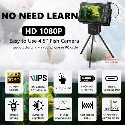[® 2026 Upgrade] 4.5'' True HD 1080P Underwater Fishing Camera (Plug & Play) - Ice Fishing Camera Underwater W/ 5,000Mah, USB-C, IR+LED, Fish Finder for Ice/Lake/Kayak, 20M/66Ft