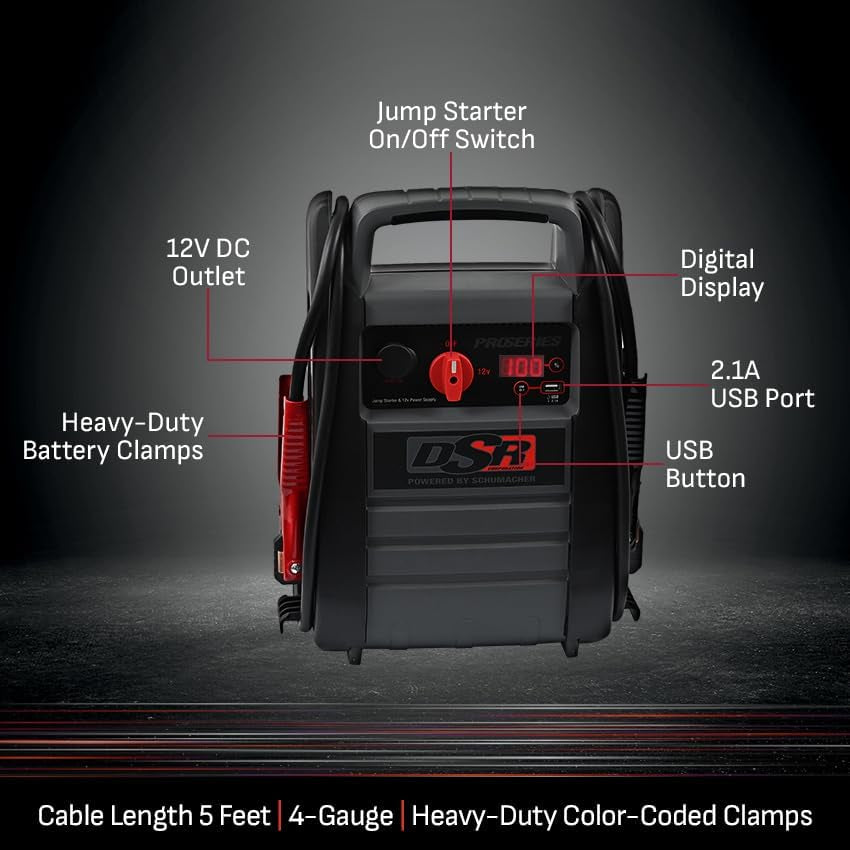 DSR Proseries Car Battery Jump Starter - 2200 Peak Amp 12V Car Starter, Jump Box & Portable Power Station - Digital Display, Heavy-Duty Clamps - DSR165