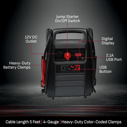 DSR Proseries Car Battery Jump Starter - 2200 Peak Amp 12V Car Starter, Jump Box & Portable Power Station - Digital Display, Heavy-Duty Clamps - DSR165