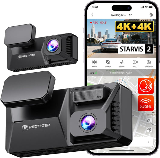 F77 4K+4K Dash Cam Front and Rear, Dual STARVIS 2 IMX678 HDR, Built-In 128GB Emmc, Voice Control Dash Camera for Cars with 5.8Ghz Wifi, 4'' Touch Screen, GPS, Night Vision, 24H Parking Mode