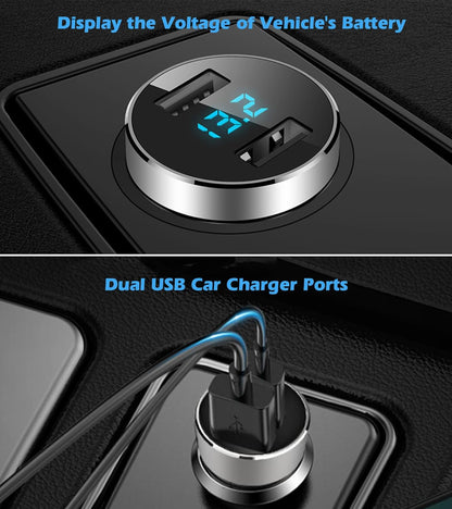 2 USB Car Charger,12V/24V Voltage Meter, Output 4.8A, Cigarette Lighter Plug Adapter Compatible with Iphone,Ipad, Samsung, USB Charging Devices, Silver