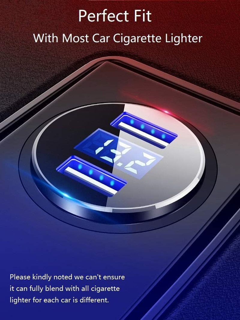 2 USB Car Charger,12V/24V Voltage Meter, Output 4.8A, Cigarette Lighter Plug Adapter Compatible with Iphone,Ipad, Samsung, USB Charging Devices, Silver